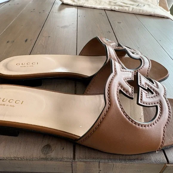 Gucci Tan Leather Logo Slide Sandals - Picture 3 of 6